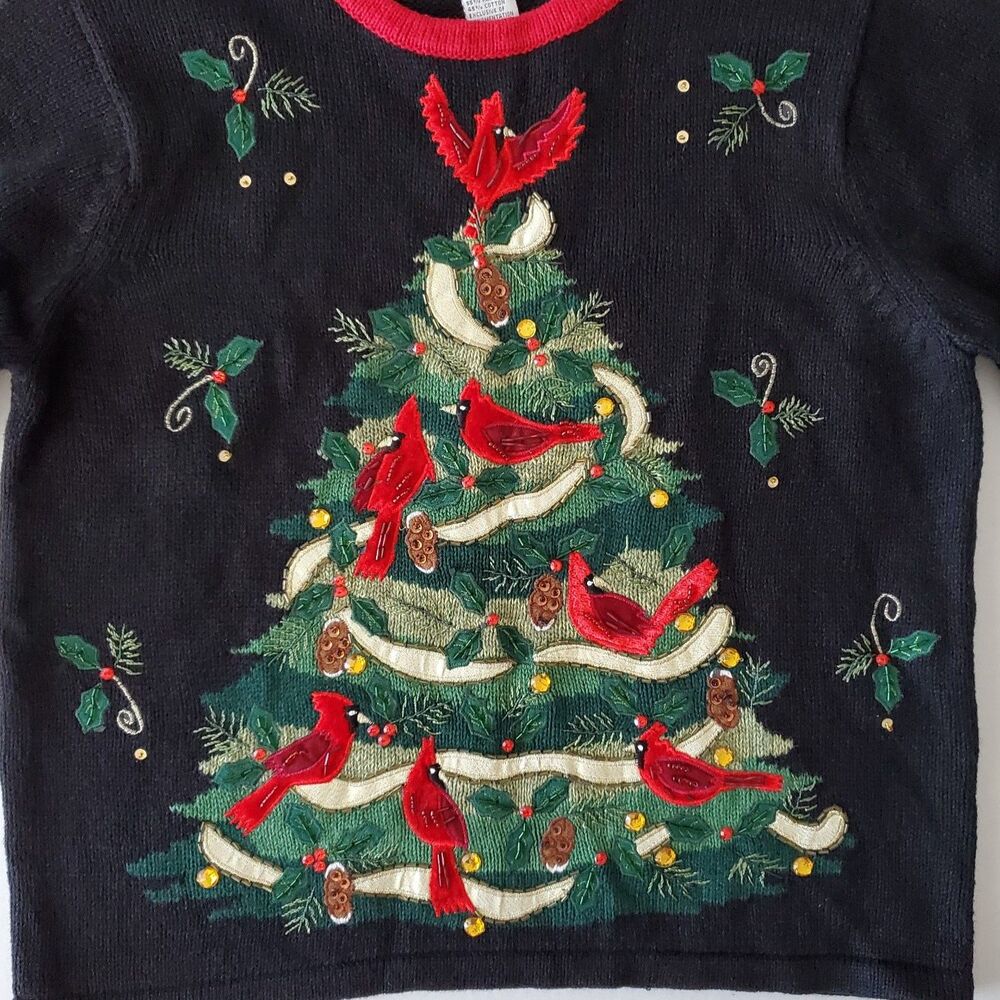 VNTG Christmas Sweater Embellished Tree Red Cardinals Heirloom Collectibles Sz L - Picture 2 of 7